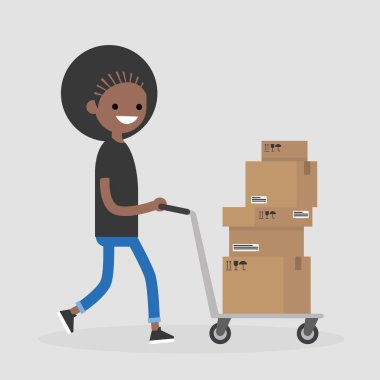 Genç kurye bir el haddeleme. Kargo. Teslimat hizmeti. Düz düzenlenebilir vektör çizim, küçük resim