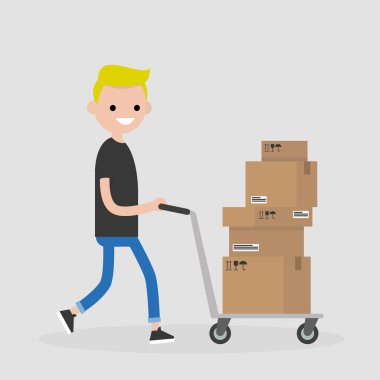 Genç kurye bir el haddeleme. Kargo. Teslimat hizmeti. Düz düzenlenebilir vektör çizim, küçük resim