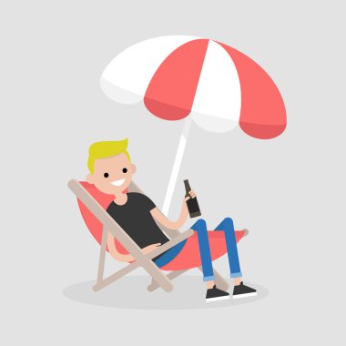 Genç bir şezlong plaj şemsiyesi altında oturan ve bira içme karakter. Tatil. Yaz. Hafta sonu. Açık. Düz düzenlenebilir vektör çizim, küçük resim