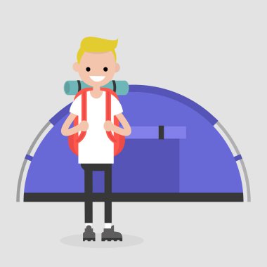 Genç Turizm yakınında çadır tarafından ayakta. Backpacker. Seyahat. Düz düzenlenebilir vektör çizim, küçük resim