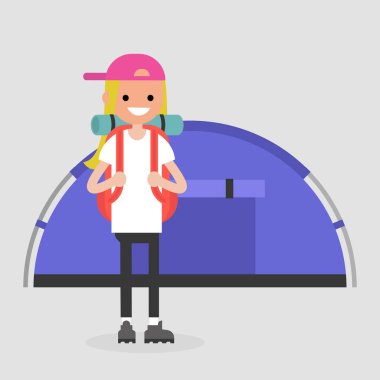 Genç Turizm yakınında çadır tarafından ayakta. Backpacker. Seyahat. Düz düzenlenebilir vektör çizim, küçük resim