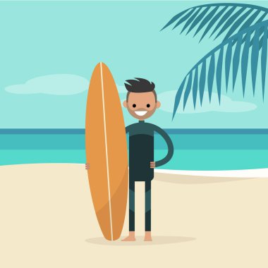 Bir wetsuit giyen ve sörf tahtası tutan genç mutlu sörfçü. Yaz. Tropikal plaj. Düz düzenlenebilir vektör çizim, küçük resim