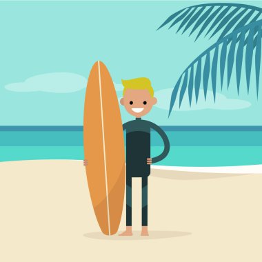 Bir wetsuit giyen ve sörf tahtası tutan genç mutlu sörfçü. Yaz. Tropikal plaj. Düz düzenlenebilir vektör çizim, küçük resim