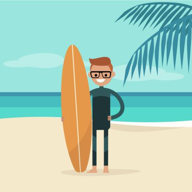 Bir wetsuit giyen ve sörf tahtası tutan genç mutlu sörfçü. Yaz. Tropikal plaj. Düz düzenlenebilir vektör çizim, küçük resim