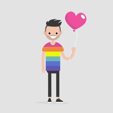 LGBT Lgbtq +. Genç gülümseyen bir gökkuşağı t gömlek giymiş ve kalp şekli balon tutan karakter. Düz düzenlenebilir vektör çizim, küçük resim