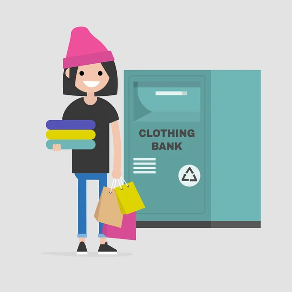 Junge Figur Mit Einem Stapel Gebrauchter Kleidung Bekleidungsbank Recycling Container — Stockvektor
