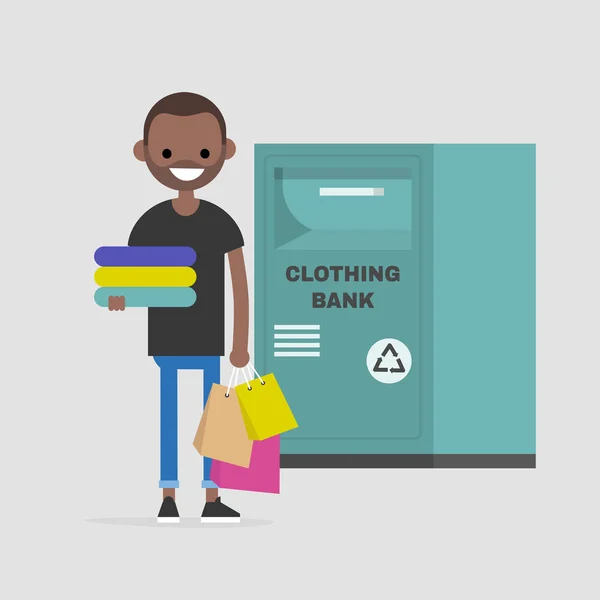 Personagem jovem segurando uma pilha de roupas usadas. Banco de roupas. R —  Vetores de Stock