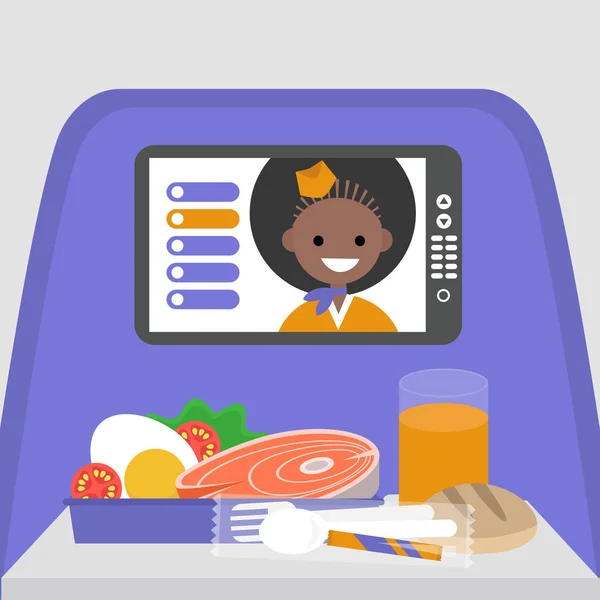 Ekonomi Sınıfı Uçak Masanın Üzerine Kurulu Gıda Servis Dijital Ekran — Stok Vektör