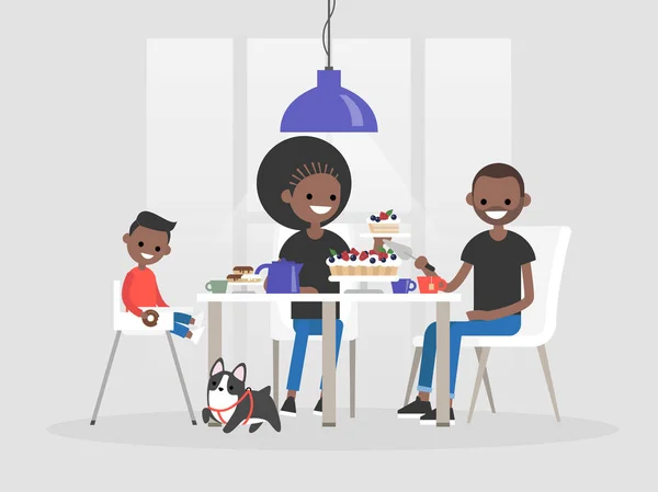 ダイニング テーブルに座って若いアフリカ系アメリカ人の家族 デザートと紅茶です 日常生活 平らな編集可能なベクトル イラスト クリップアート — ストックベクタ