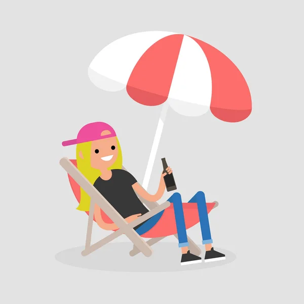 Jonge Vrouwelijke Personage Zitten Een Chaise Lounge Onder Parasol Bier — Stockvector