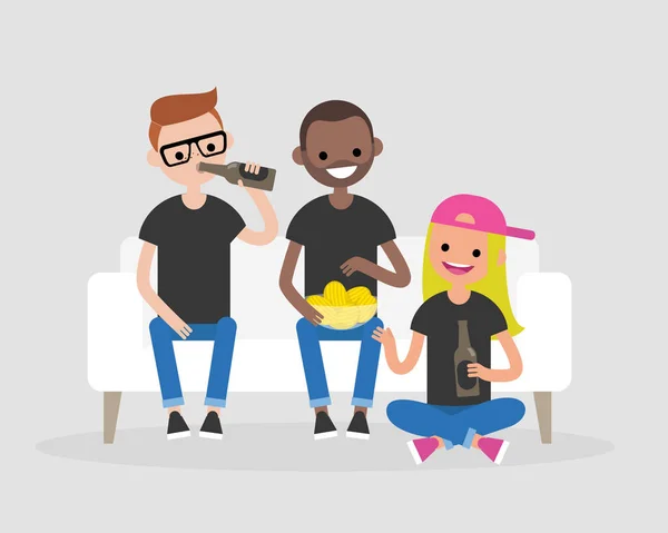 Jeunes Adultes Réunissant Buvant Bière Mangeant Des Collations Style Vie — Image vectorielle