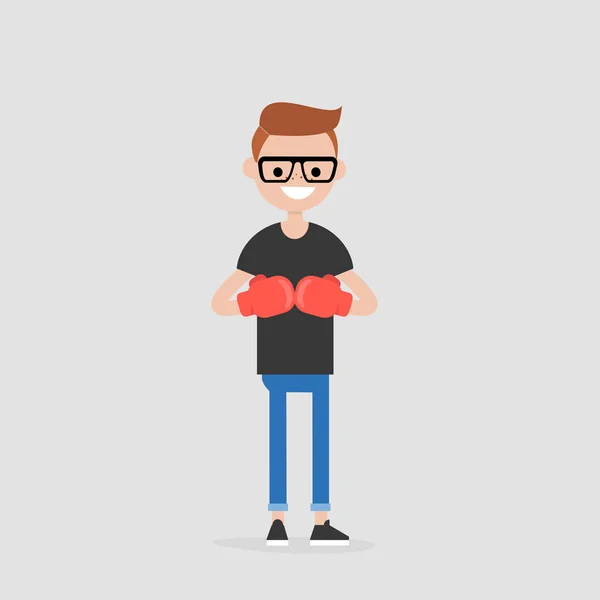 Junge Figur Mit Roten Boxerhandschuhen Verteidigungskonzept Flache Editierbare Vektorillustration Clip — Stockvektor