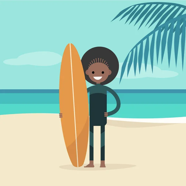 Mladý Šťastný Surfař Sobě Neoprénový Oblek Drží Surfovací Prkno Létě — Stockový vektor