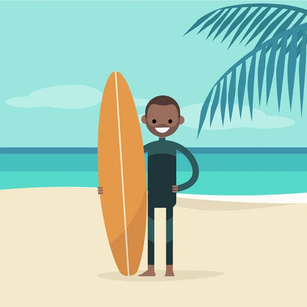 Joven Surfista Feliz Usando Traje Neopreno Sosteniendo Una Tabla Surf — Vector de stock