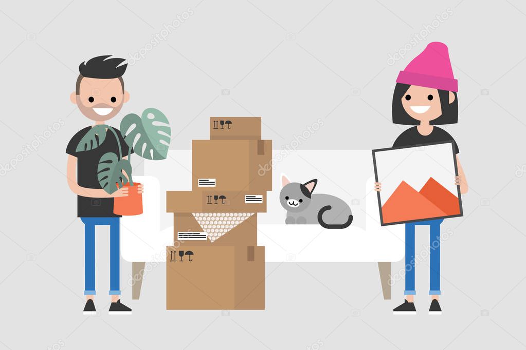 Young couple moving to a new apartment. Relocation. Mortgage. Flat editable vector illustration, clip art