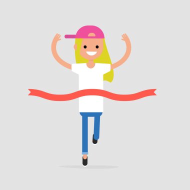 Başarı. Yarış kazanan. Rekabet kavramı. Bitiş çizgisine şerit geçiş. Düz düzenlenebilir vektör çizim, küçük resim