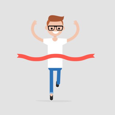 Başarı. Yarış kazanan. Rekabet kavramı. Bitiş çizgisine şerit geçiş. Düz düzenlenebilir vektör çizim, küçük resim