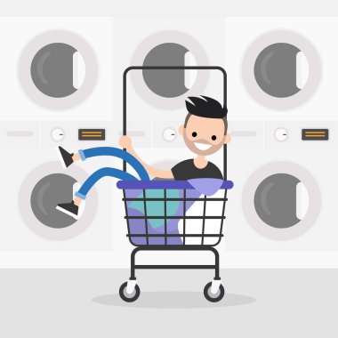 Genç karakter bir çamaşırhane arabaya binme. Günlük rutin. Sahip 