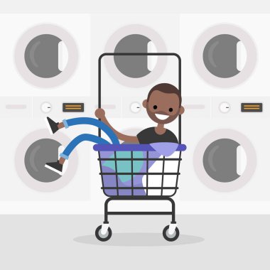 Genç siyah karakter bir çamaşırhane arabaya binme. Günlük rutin. Eğleniyor. Düz düzenlenebilir vektör çizim, küçük resim