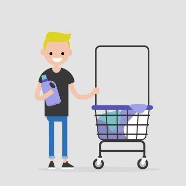 Günlük rutin. Genç karakter bir ortak para Çamaşırhane, çamaşır. Düz düzenlenebilir vektör çizim, küçük resim