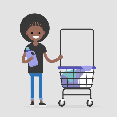 Günlük rutin. Genç bir ortak para Çamaşırhane karakter çamaşır giysilerle siyah. Düz düzenlenebilir vektör çizim, küçük resim