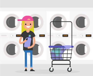 Günlük rutin. Genç karakter bir ortak para Çamaşırhane, çamaşır. Düz düzenlenebilir vektör çizim, küçük resim