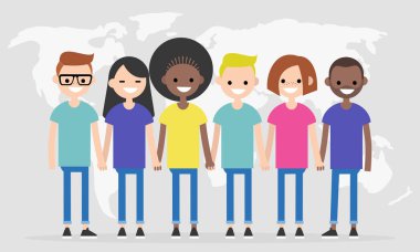 Renkli tişörtler giyen karakter kümesi. Çeşitlilik kavramsal çizimi. Çok ırklı bir grup genç insan. Düz düzenlenebilir karakterler, küçük resim