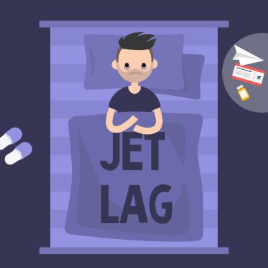 Uykusuzluk. Jet-Lag. Genç bitkin karakter yatakta yatan. Düz düzenlenebilir vektör çizim, küçük resim