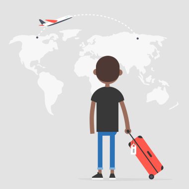 Genç Afro-Amerikan seyahat etmek harita, geri görünüm arıyorum. Uçuş. Hedef. Turizm. Düz düzenlenebilir vektör çizim, küçük resim