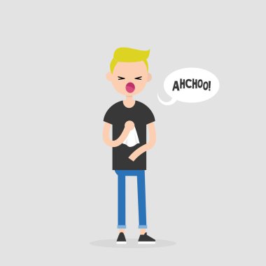 Genç hapşırma karakter. Alerji veya soğuk. Sağlık. Düz düzenlenebilir vektör çizim, küçük resim