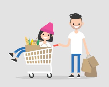 Birkaç genç yetişkin bir süpermarkette eğleniyor. Bir arabaya binme. Bakkal alışveriş. Günlük rutin. Düz düzenlenebilir vektör çizim, küçük resim