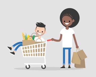 Birkaç genç yetişkin bir süpermarkette eğleniyor. Bir arabaya binme. Bakkal alışveriş. Günlük rutin. Irklararası çift. Düz düzenlenebilir vektör çizim, küçük resim