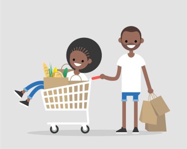 Bir çift siyah genç yetişkinlerin bir süpermarkette eğleniyor. Bir arabaya binme. Bakkal alışveriş. Günlük rutin. Düz düzenlenebilir vektör çizim, küçük resim