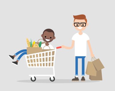 Birkaç genç yetişkin bir süpermarkette eğleniyor. Bir arabaya binme. Bakkal alışveriş. Günlük rutin. LGBT Interracial aile. Düz düzenlenebilir vektör çizim, küçük resim