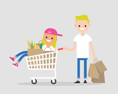 Birkaç genç yetişkin bir süpermarkette eğleniyor. Bir arabaya binme. Bakkal alışveriş. Günlük rutin. Düz düzenlenebilir vektör çizim, küçük resim