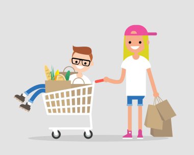 Birkaç genç yetişkin bir süpermarkette eğleniyor. Bir arabaya binme. Bakkal alışveriş. Günlük rutin. Düz düzenlenebilir vektör çizim, küçük resim