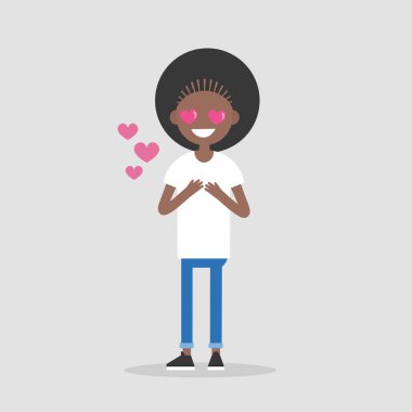 Saint Sevgililer günü. Aşık olan kalp şeklinde gözlü sevimli çizgi siyah kız / düzenlenebilir düz illüstrasyon vektör