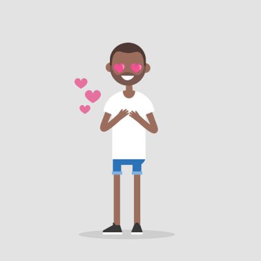 Saint Sevgililer günü. Sevimli çizgi siyah çocuk kalp şeklinde gözleri falling ın love / düzenlenebilir düz illüstrasyon vektör