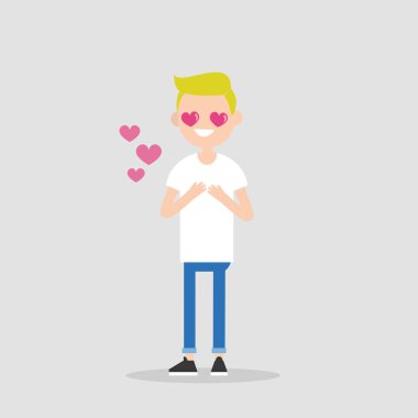 Saint Sevgililer günü. Sevimli çizgi sarışın çocuk kalp şeklinde gözleri falling ın love / düzenlenebilir düz illüstrasyon vektör