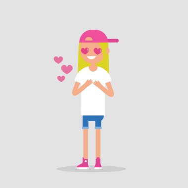 Saint Sevgililer günü. Aşık olan kalp şeklinde gözlü sarışın kız sevimli çizgi / düzenlenebilir düz illüstrasyon vektör