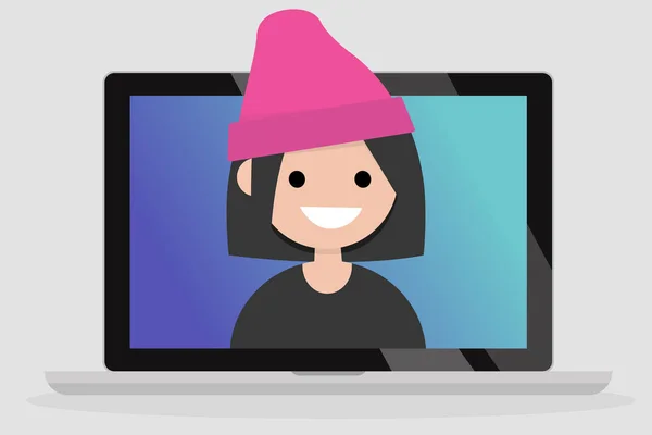 Портрет Усміхненої Дівчини Тисячоліття Екрані Ноутбука Язок Покоління Плоска Змінена — стоковий вектор