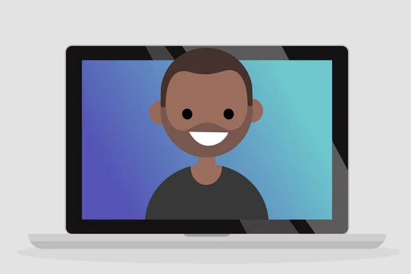 Retrato Sorrir Homem Negro Milenar Uma Tela Laptop Comunicação Geração — Vetor de Stock