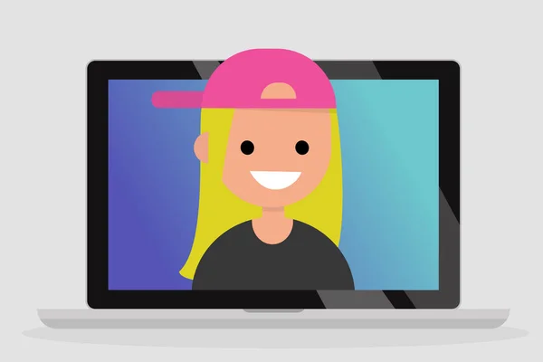 Bir Dizüstü Bilgisayar Ekranında Gülümseyen Bin Yıllık Kız Portresi Letişim — Stok Vektör