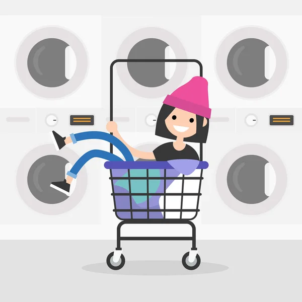 Jovem personagem feminina montando em um carrinho de lavanderia. Rotina diária . —  Vetores de Stock