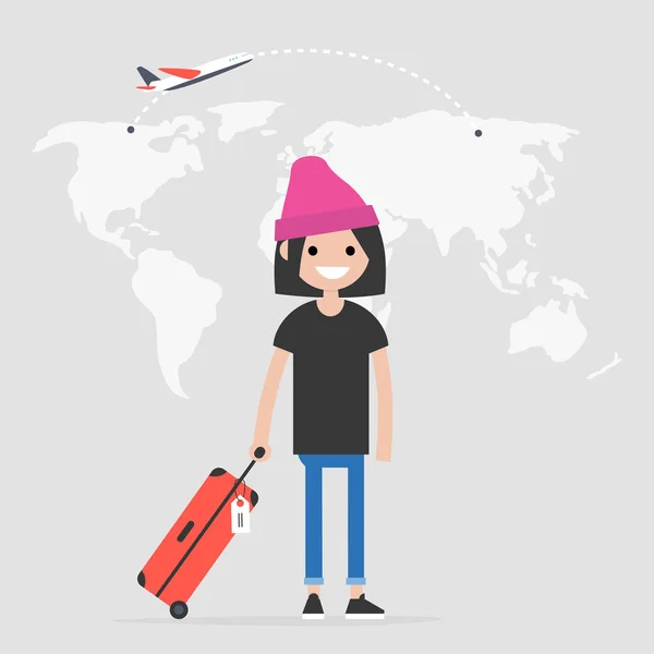 Νεαρή Γυναίκα Ταξιδιώτης Κρατώντας Ένα Αποσκευών Καμπίνας Πτήση Προορισμού Τουρισμού — Διανυσματικό Αρχείο