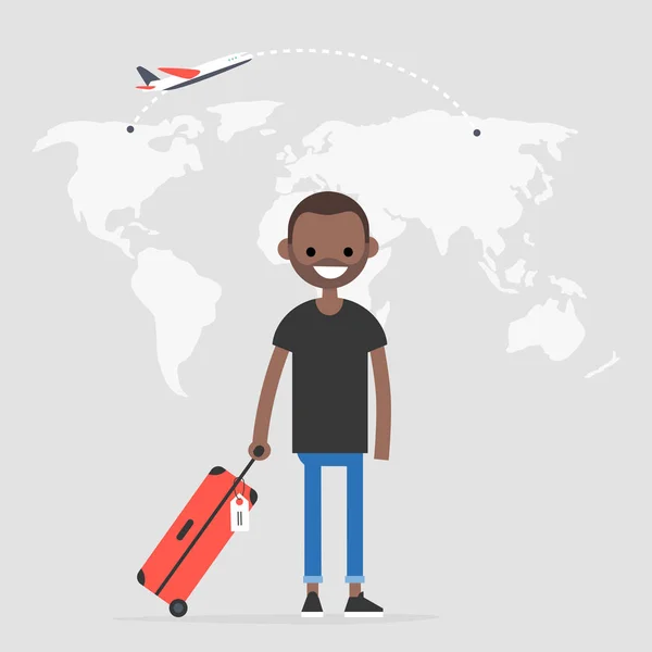 Młody Czarny Podróżnik Posiadania Bagażu Kabinowego Lotu Przeznaczenia Turystyki Mapa — Wektor stockowy