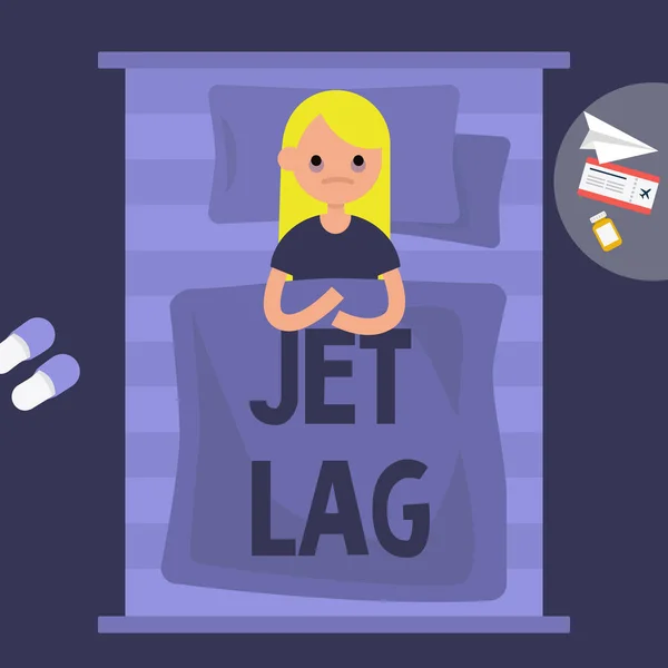 Αϋπνία Jet Lag Νέοι Εξαντληθεί Θηλυκό Χαρακτήρα Ξαπλωμένη Στο Κρεβάτι — Διανυσματικό Αρχείο