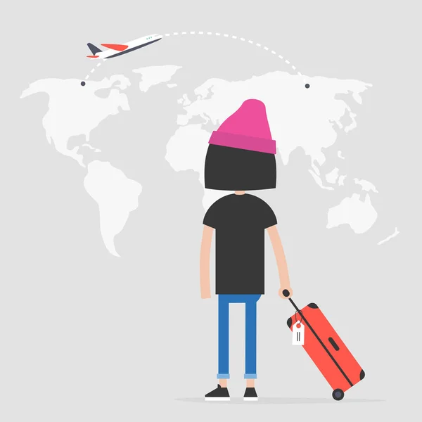 Νεαρή Γυναίκα Ταξιδιώτης Κοιτάζοντας Πίσω Στο Χάρτη Δείτε Πτήση Προορισμού — Διανυσματικό Αρχείο