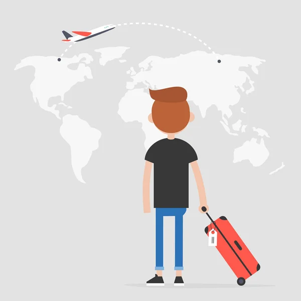 Κοιτάζοντας Πίσω Στο Χάρτη Δείτε Νεαρός Ταξιδιώτης Πτήση Προορισμού Τουρισμού — Διανυσματικό Αρχείο