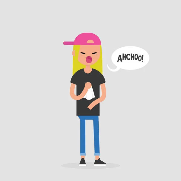 Jeune Femme Éternuant Personnage Allergie Rhume Soins Santé Illustration Vectorielle — Image vectorielle